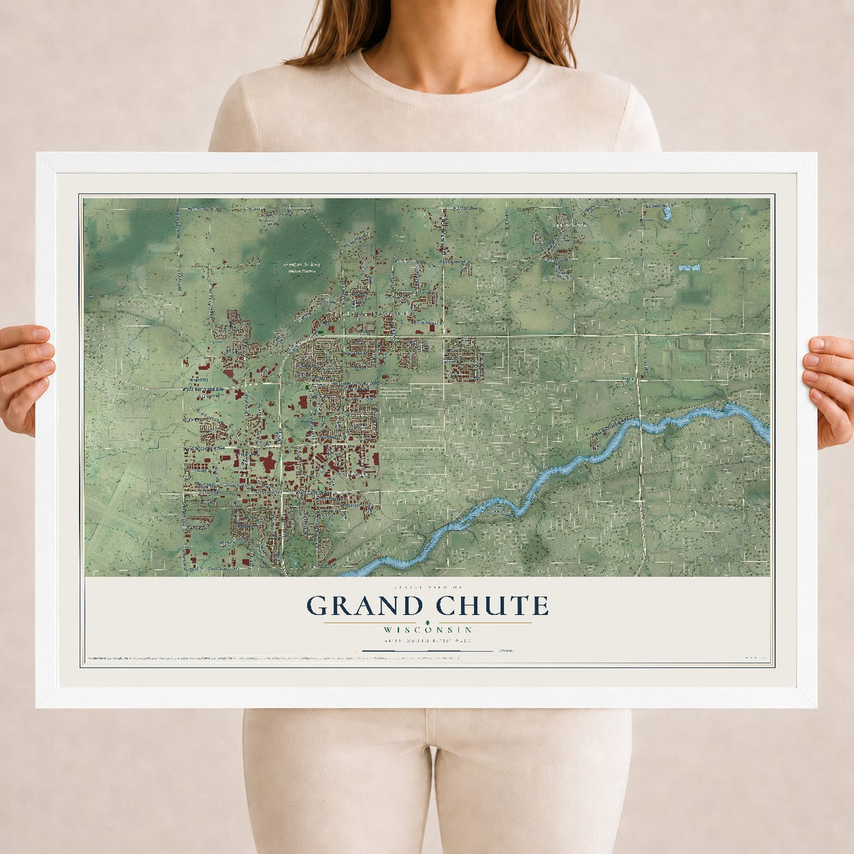 Map of Grand Chute, Wisconsin, 18 x 24 inch print in a white wood frame