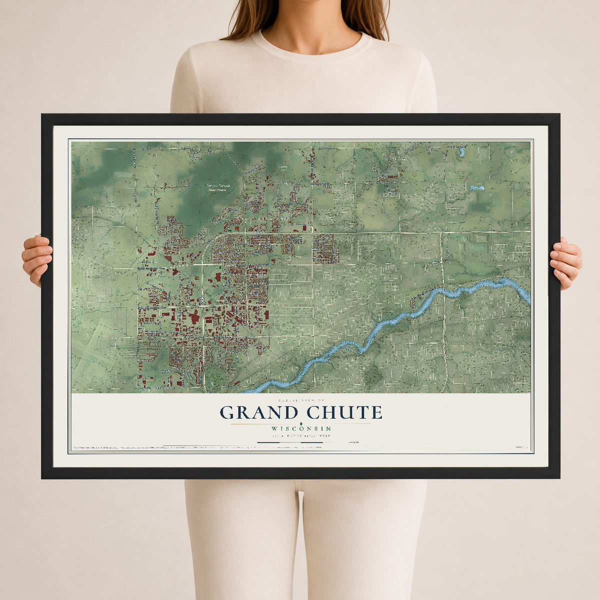 Map of Grand Chute, Wisconsin, 24 x 36 inch print in a black wood frame