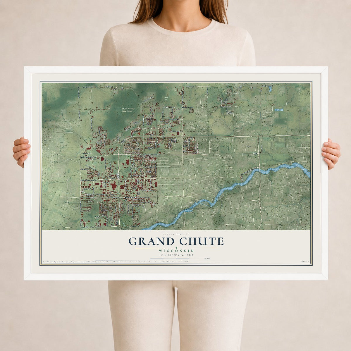 Map of Grand Chute, Wisconsin, 24 x 36 inch print in a white wood frame