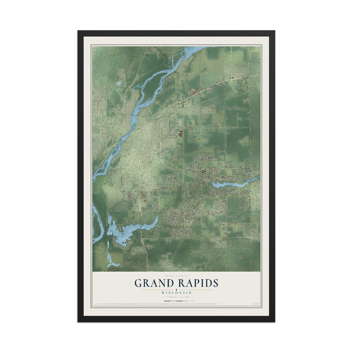 Map of Grand Rapids, Wisconsin, 12 x 18 inch print in a black wood frame