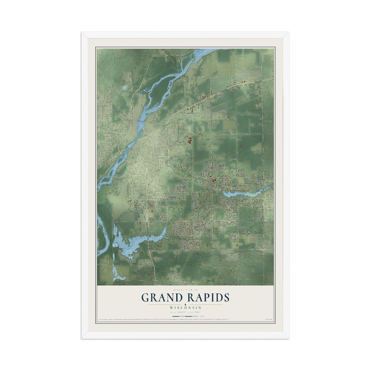 Map of Grand Rapids, Wisconsin, 12 x 18 inch print in a white wood frame