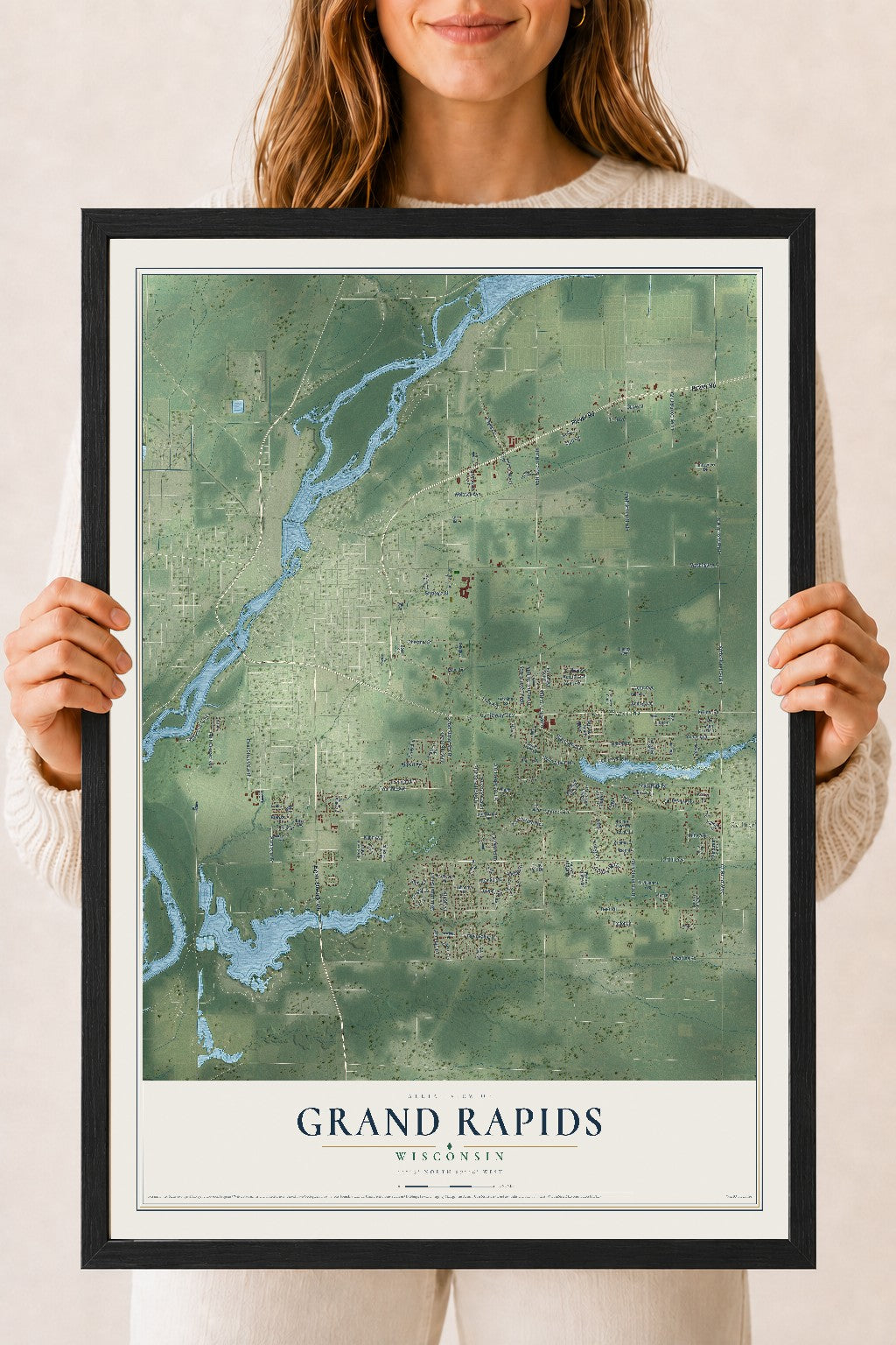 Map of Grand Rapids, Wisconsin, 18 x 24 inch print in a black wood frame