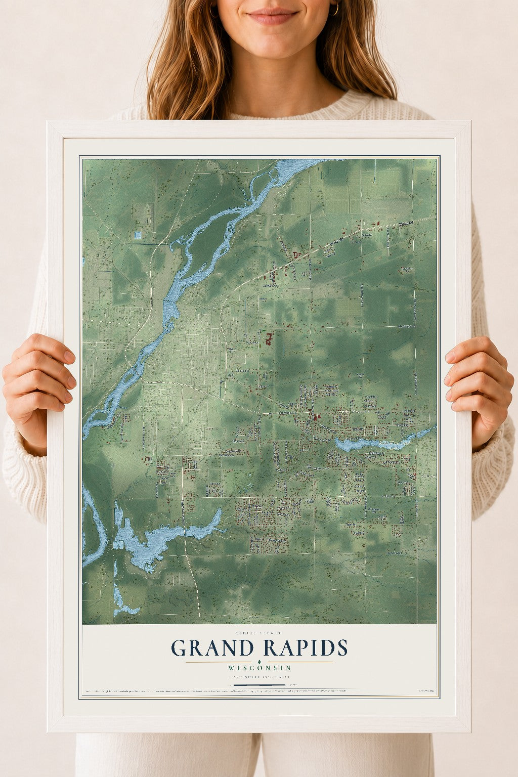 Map of Grand Rapids, Wisconsin, 18 x 24 inch print in a white wood frame
