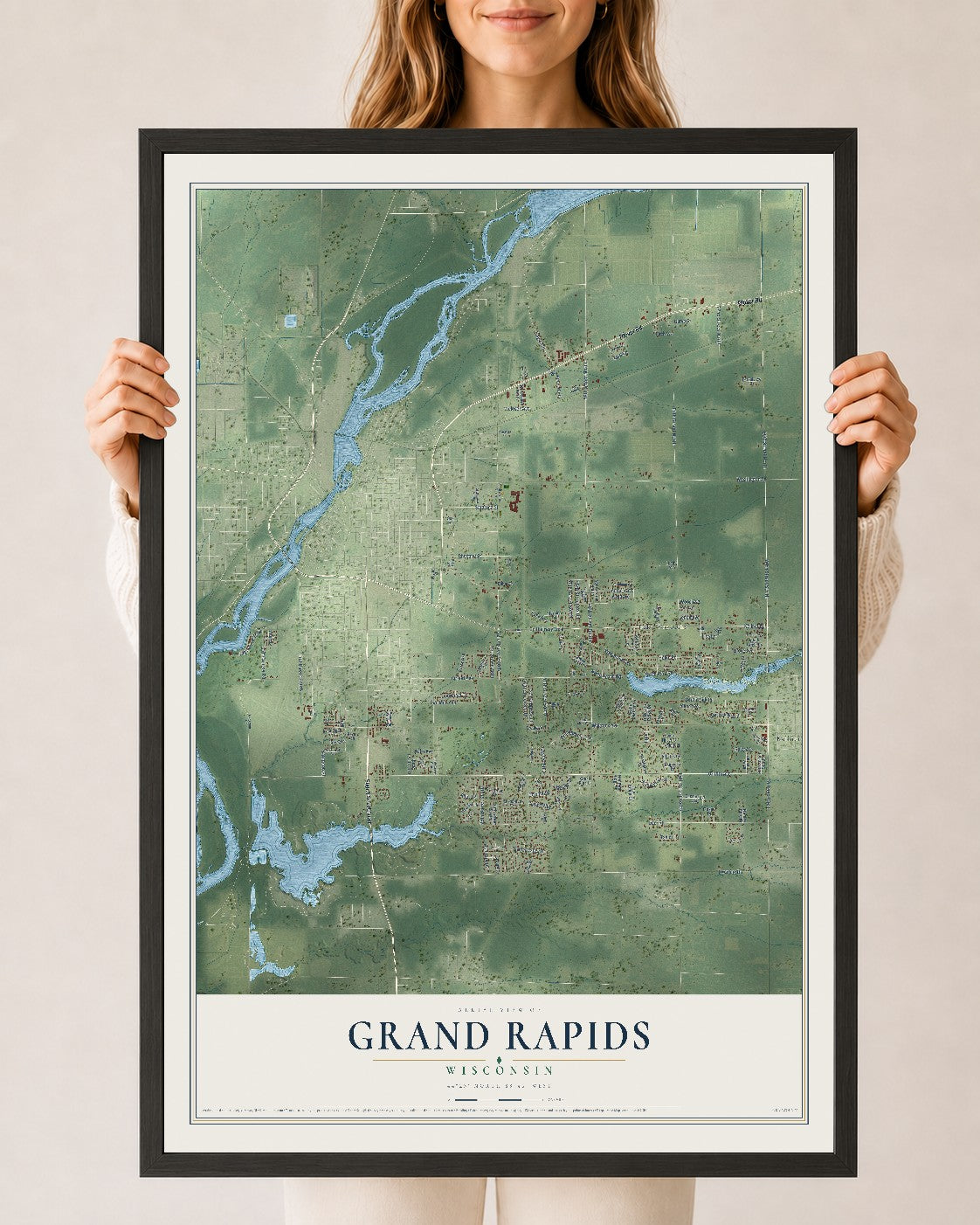 Map of Grand Rapids, Wisconsin, 24 x 36 inch print in a black wood frame