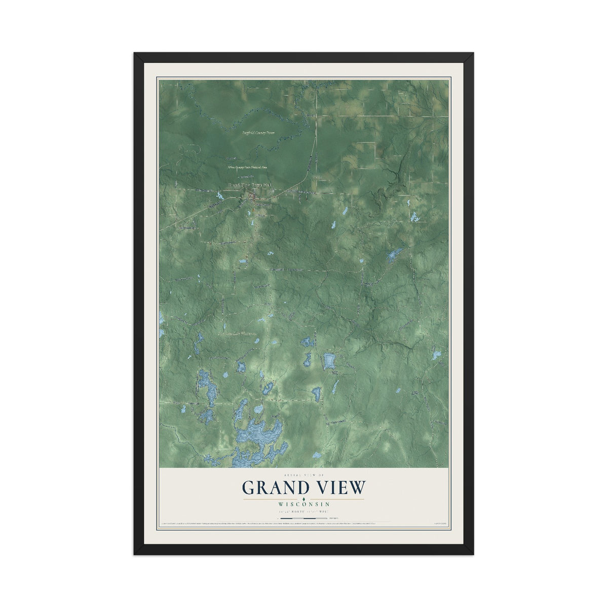 Map of Grand View, Wisconsin, 12 x 18 inch print in a black wood frame