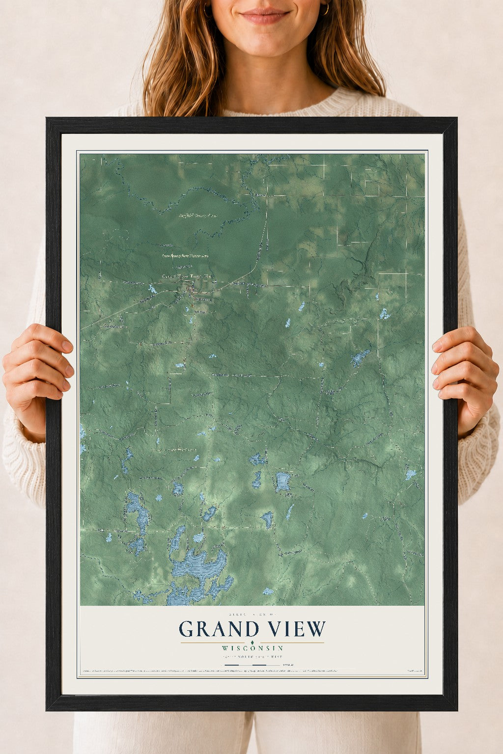 Map of Grand View, Wisconsin, 18 x 24 inch print in a black wood frame