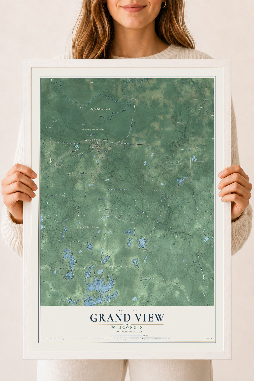 Map of Grand View, Wisconsin, 18 x 24 inch print in a white wood frame