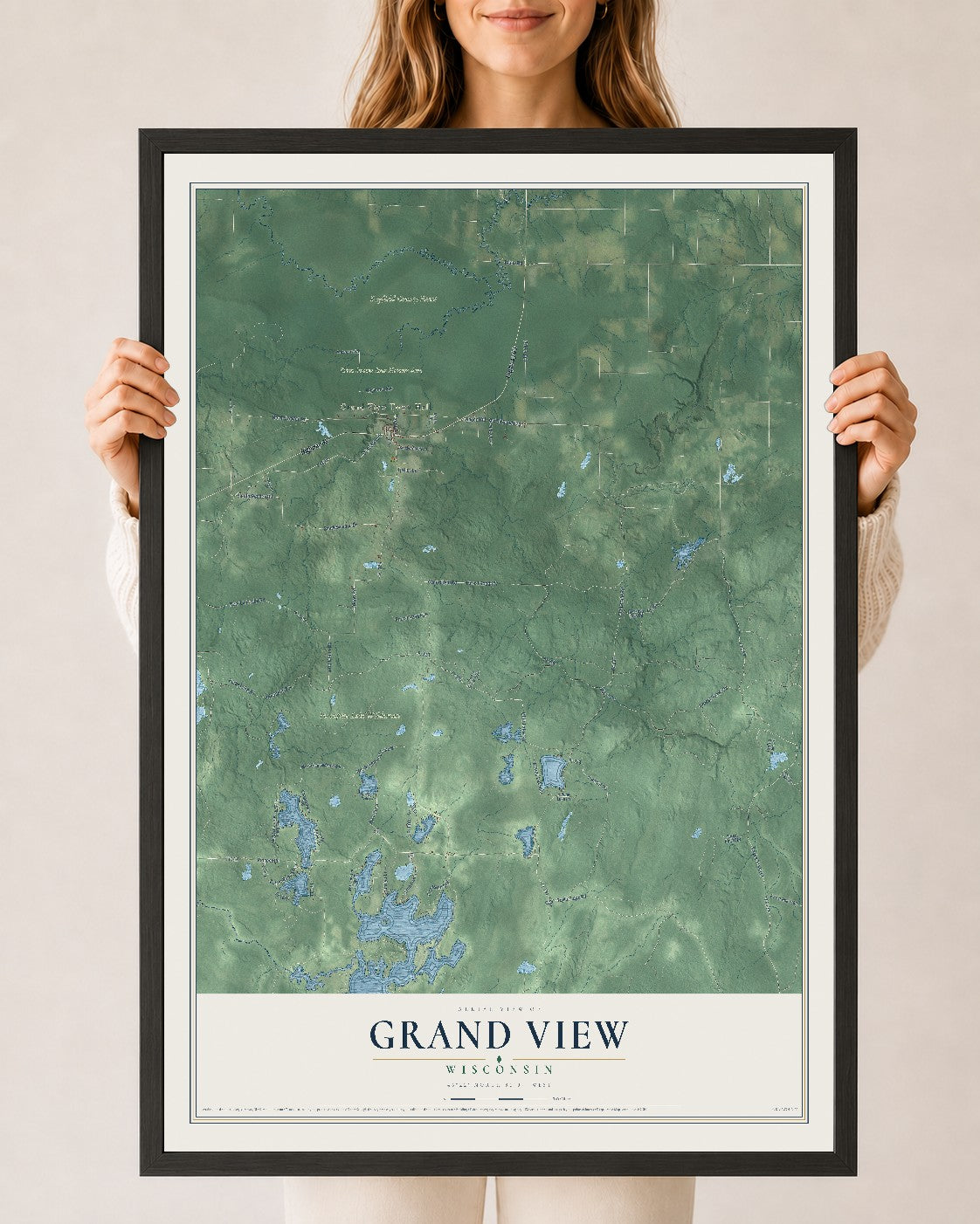 Map of Grand View, Wisconsin, 24 x 36 inch print in a black wood frame