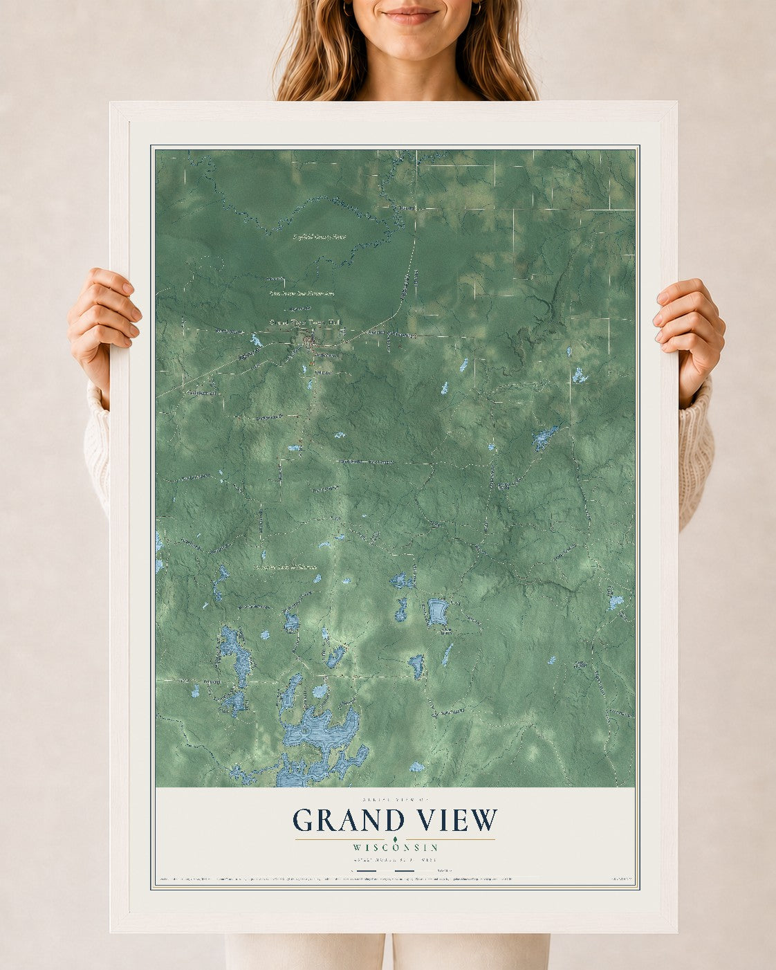 Map of Grand View, Wisconsin, 24 x 36 inch print in a white wood frame
