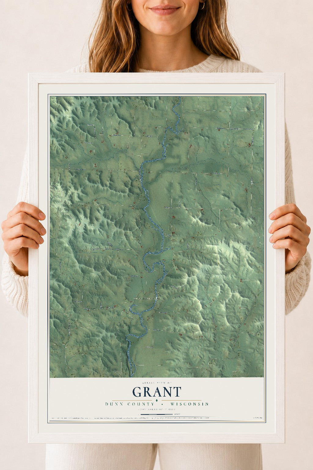 Map of Grant, Dunn County, Wisconsin, 18 x 24 inch print in a white wood frame