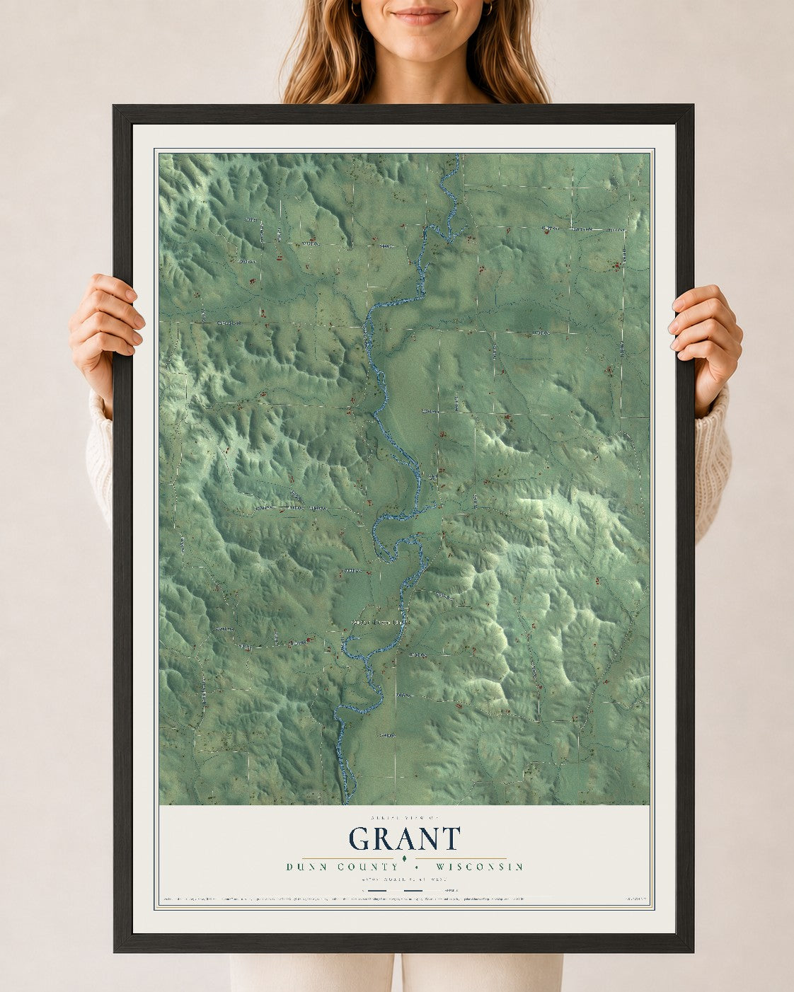 Map of Grant, Dunn County, Wisconsin, 24 x 36 inch print in a black wood frame