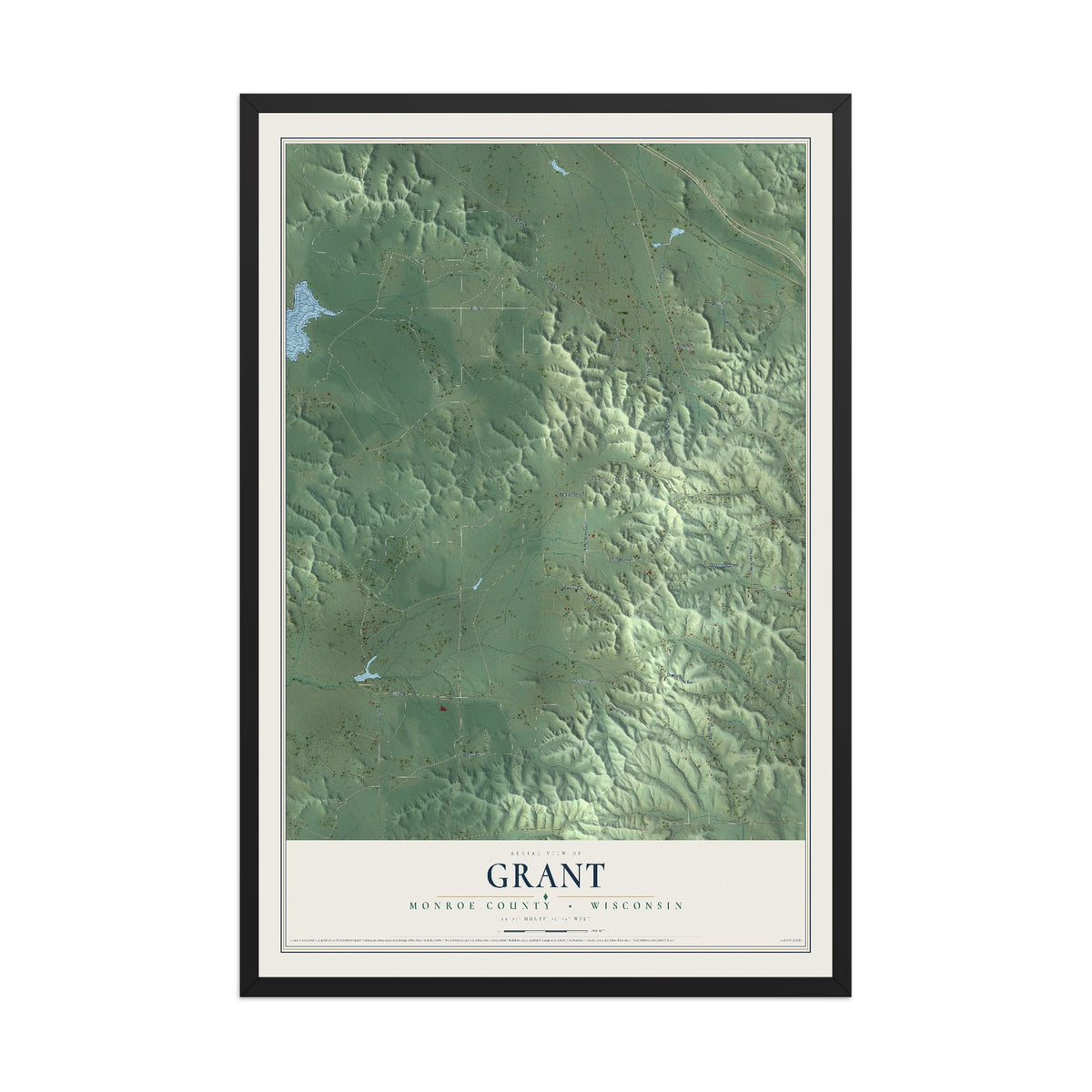 Map of Grant, Monroe County, Wisconsin, 12 x 18 inch print in a black wood frame