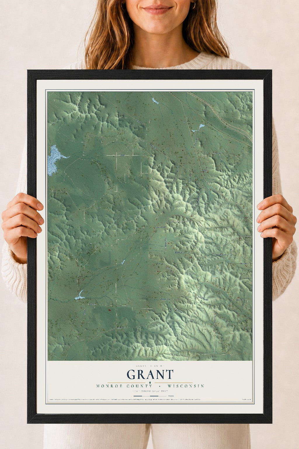 Map of Grant, Monroe County, Wisconsin, 18 x 24 inch print in a black wood frame
