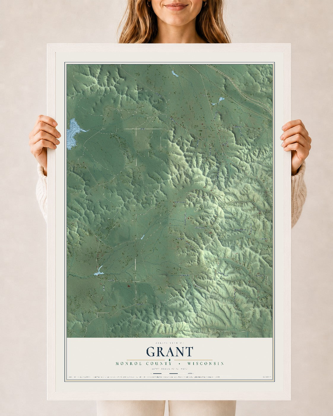 Map of Grant, Monroe County, Wisconsin, 24 x 36 inch print in a white wood frame