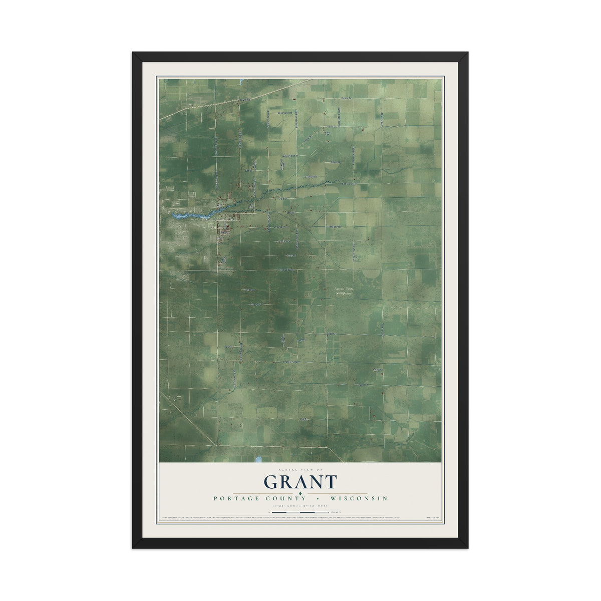 Map of Grant, Portage County, Wisconsin, 12 x 18 inch print in a black wood frame