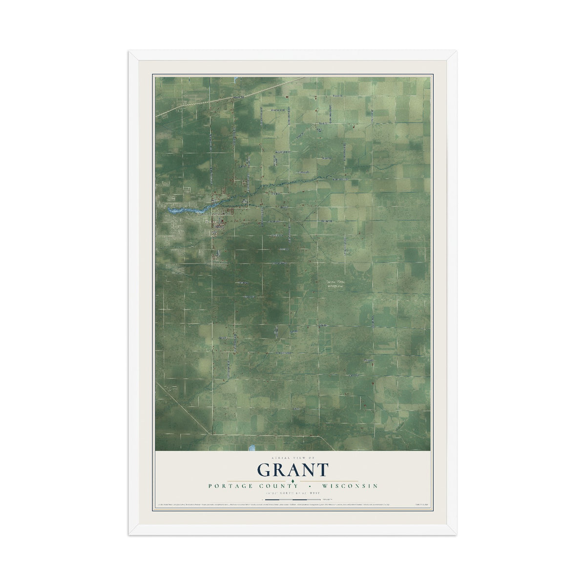 Map of Grant, Portage County, Wisconsin, 12 x 18 inch print in a white wood frame