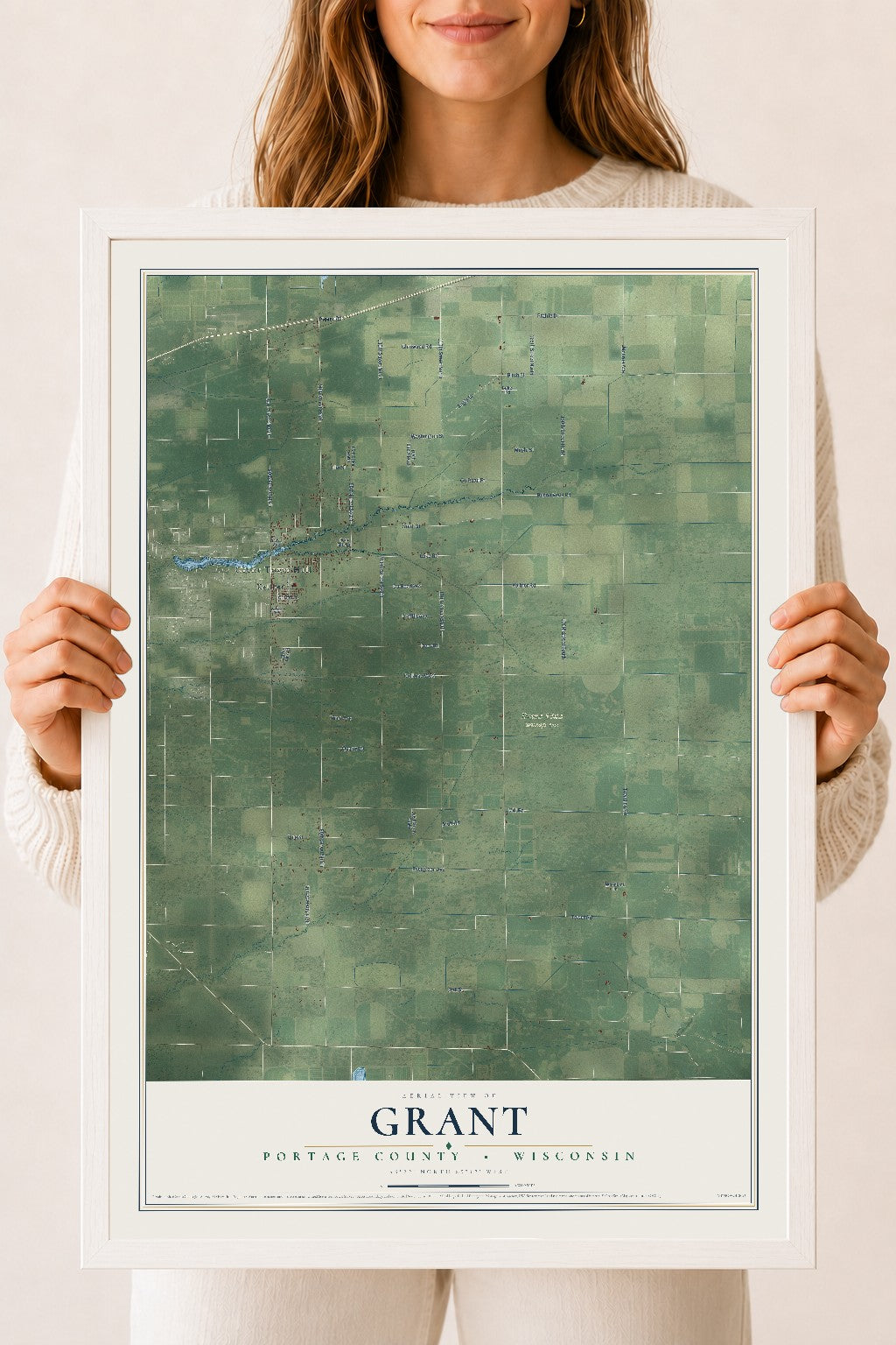 Map of Grant, Portage County, Wisconsin, 18 x 24 inch print in a white wood frame