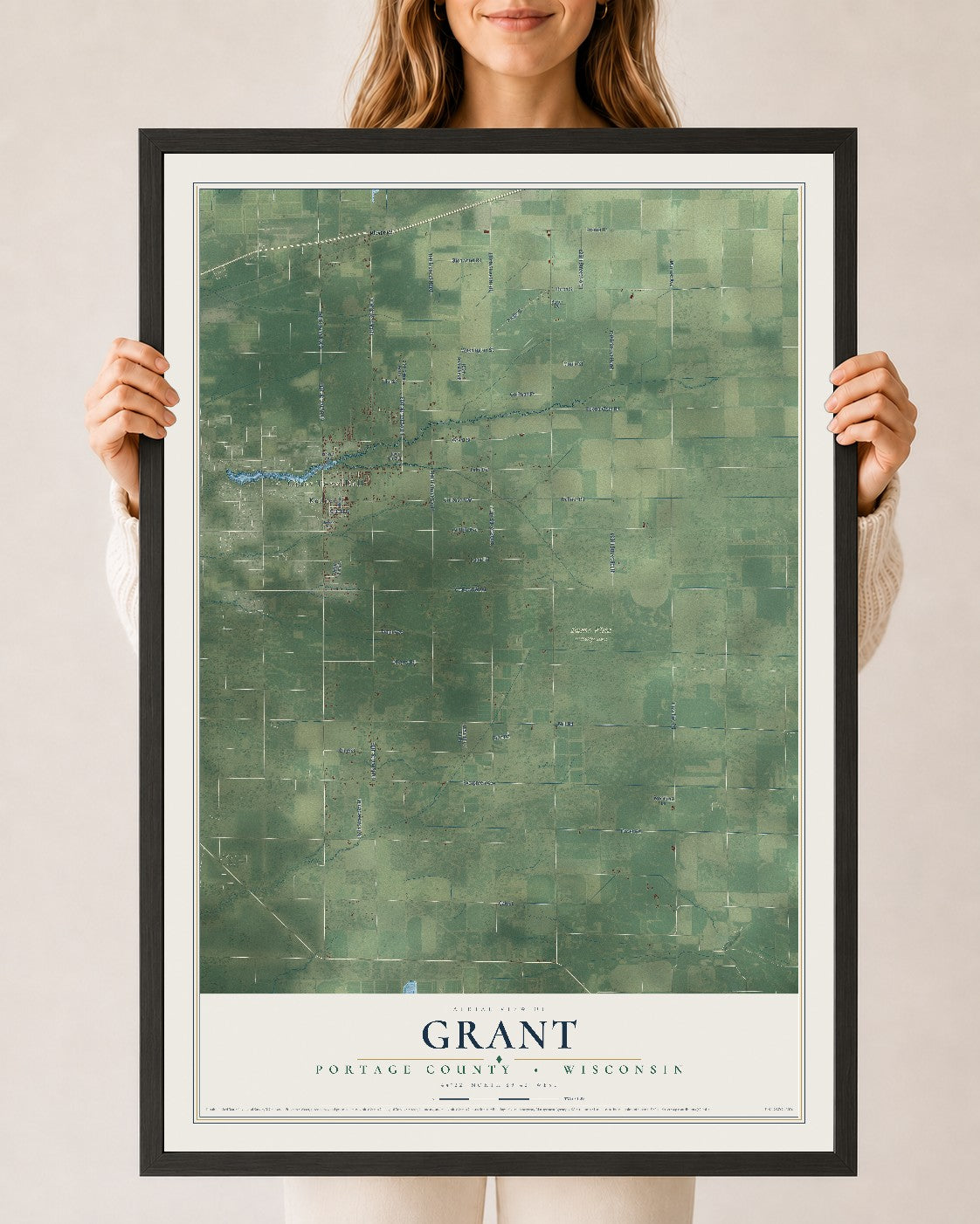 Map of Grant, Portage County, Wisconsin, 24 x 36 inch print in a black wood frame