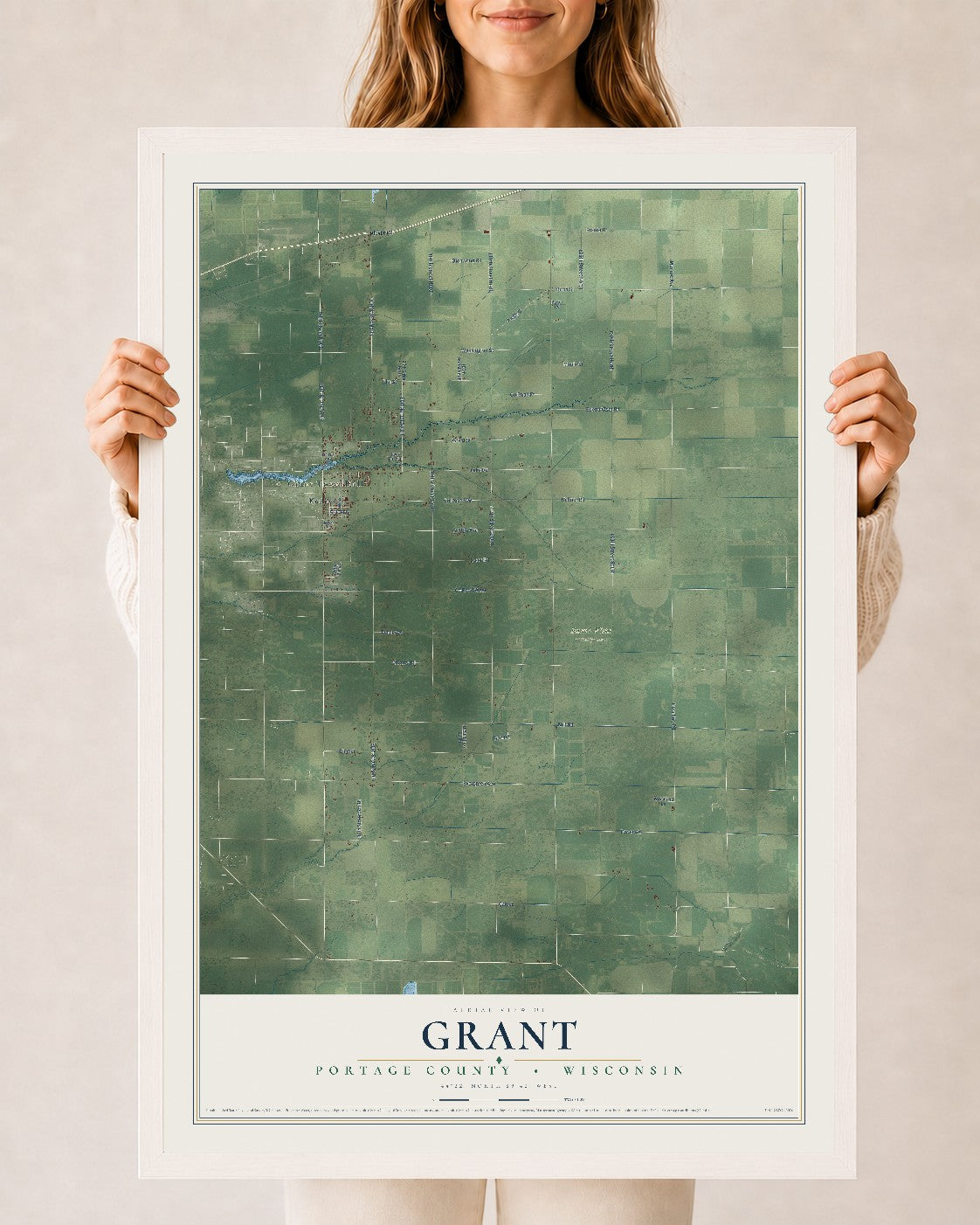 Map of Grant, Portage County, Wisconsin, 24 x 36 inch print in a white wood frame