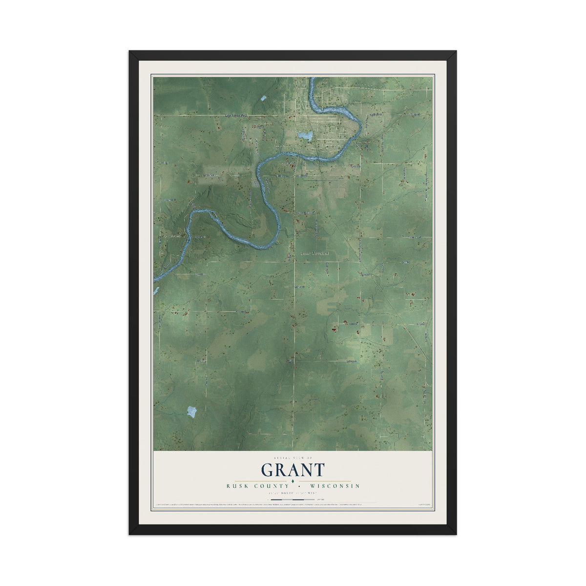 Map of Grant, Rusk County, Wisconsin, 12 x 18 inch print in a black wood frame