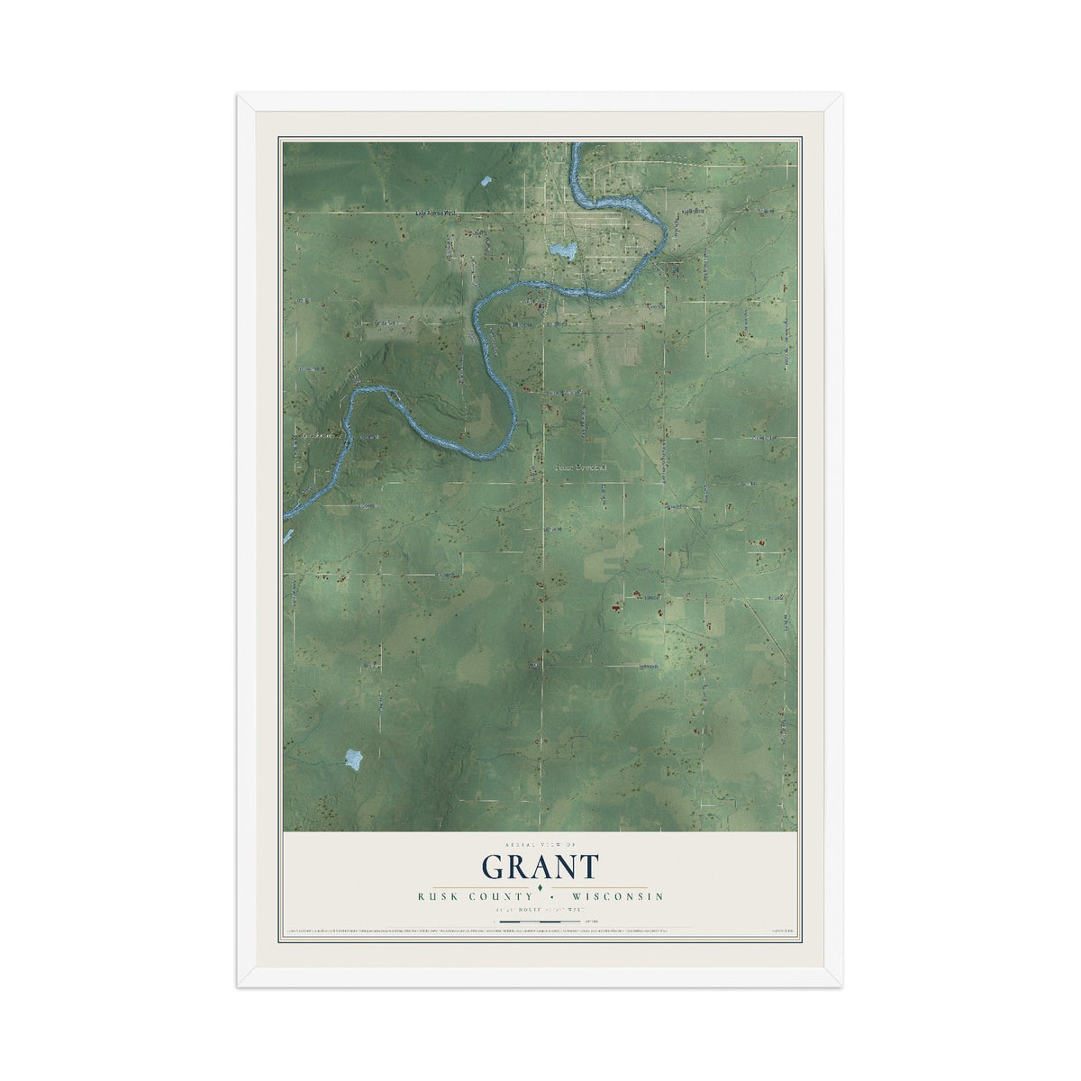 Map of Grant, Rusk County, Wisconsin, 12 x 18 inch print in a white wood frame