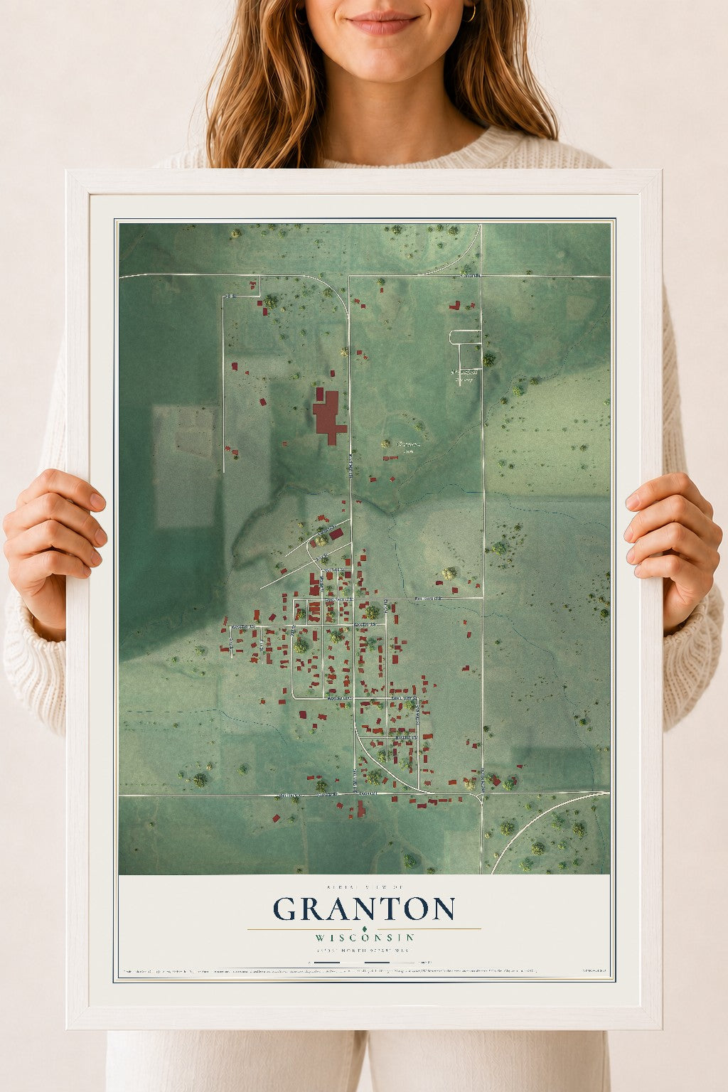 Map of Granton, Wisconsin, 18 x 24 inch print in a white wood frame