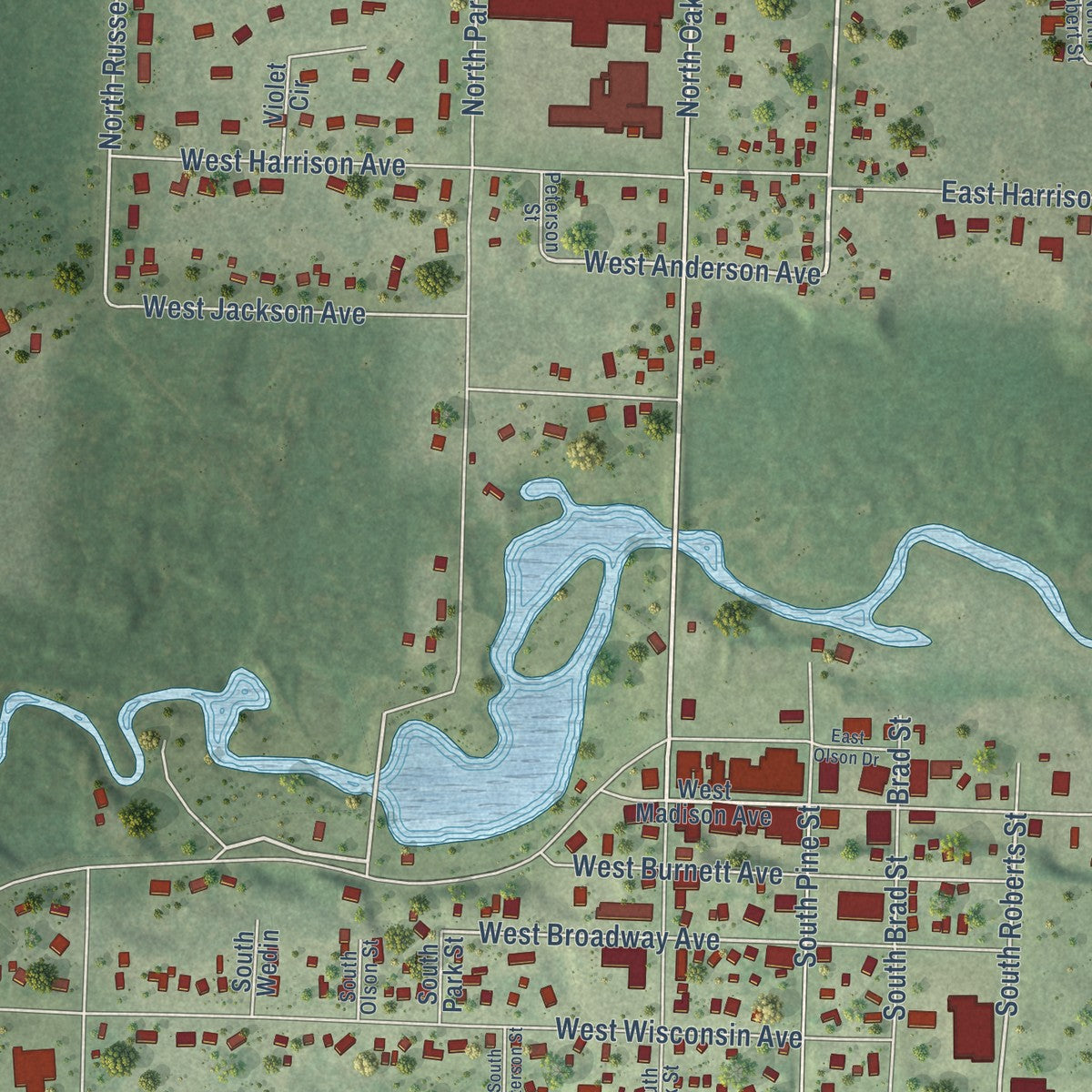 Close-up of the map of Grantsburg, Wisconsin print showing street and building detail