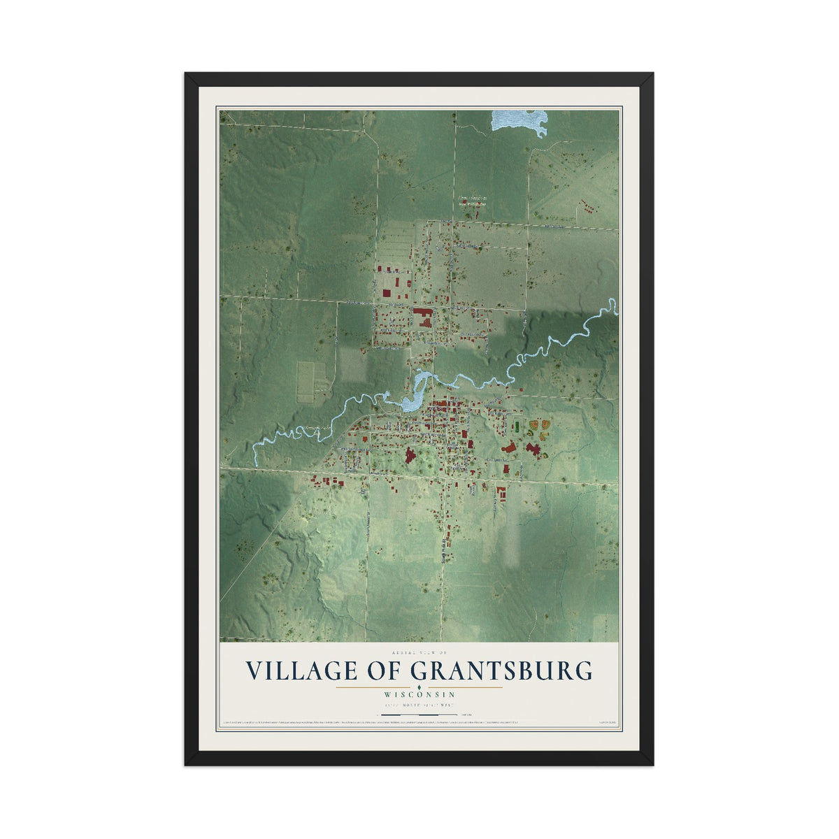 Map of Grantsburg, Wisconsin, 12 x 18 inch print in a black wood frame
