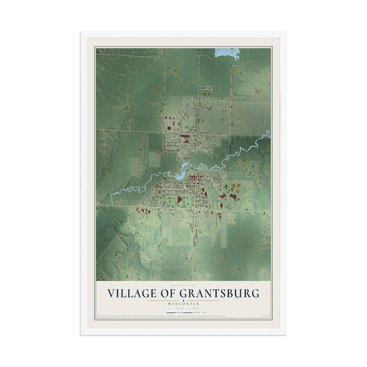Map of Grantsburg, Wisconsin, 12 x 18 inch print in a white wood frame