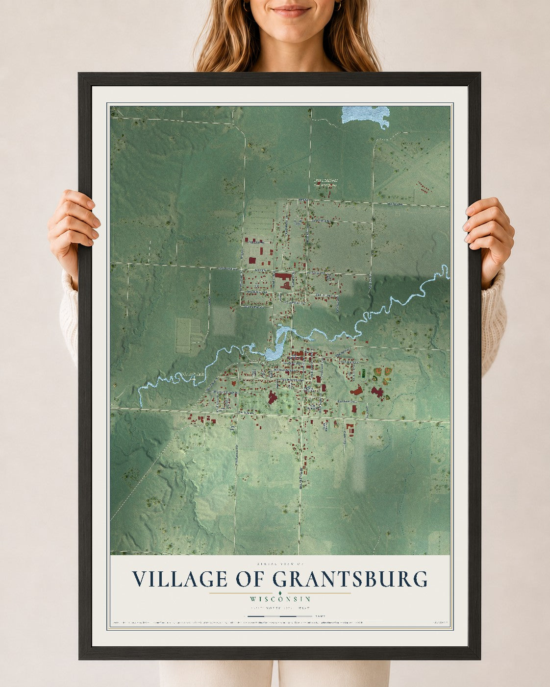 Map of Grantsburg, Wisconsin, 24 x 36 inch print in a black wood frame