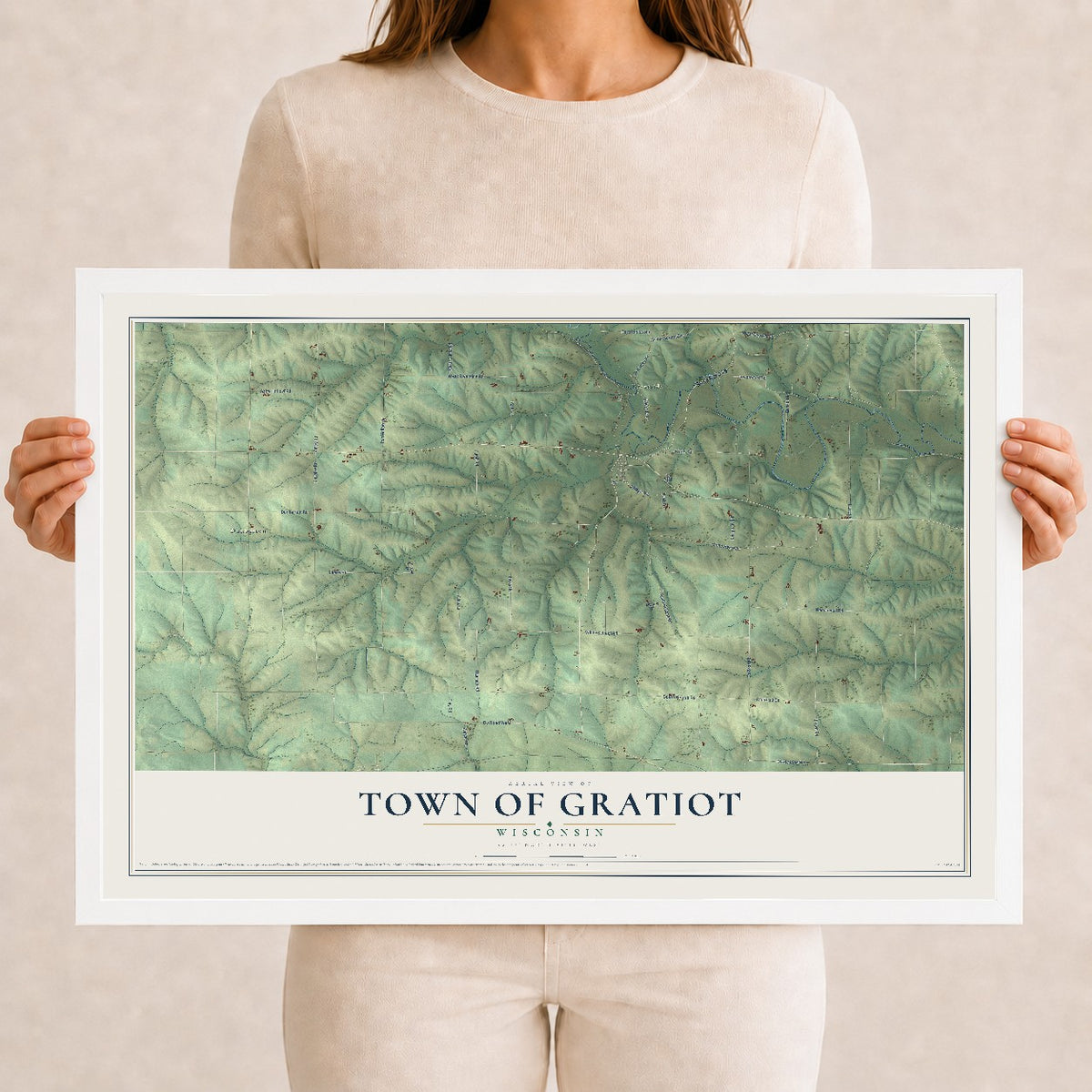 Map of the Town of Gratiot, Wisconsin, 12 x 18 inch print in a white wood frame