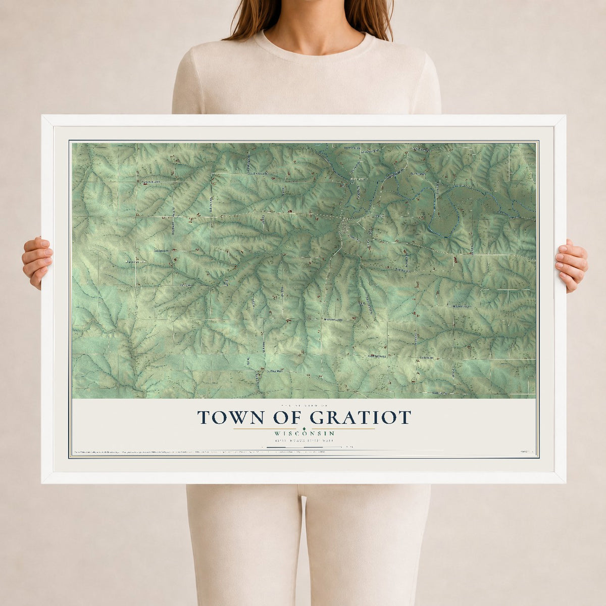 Map of the Town of Gratiot, Wisconsin, 24 x 36 inch print in a white wood frame