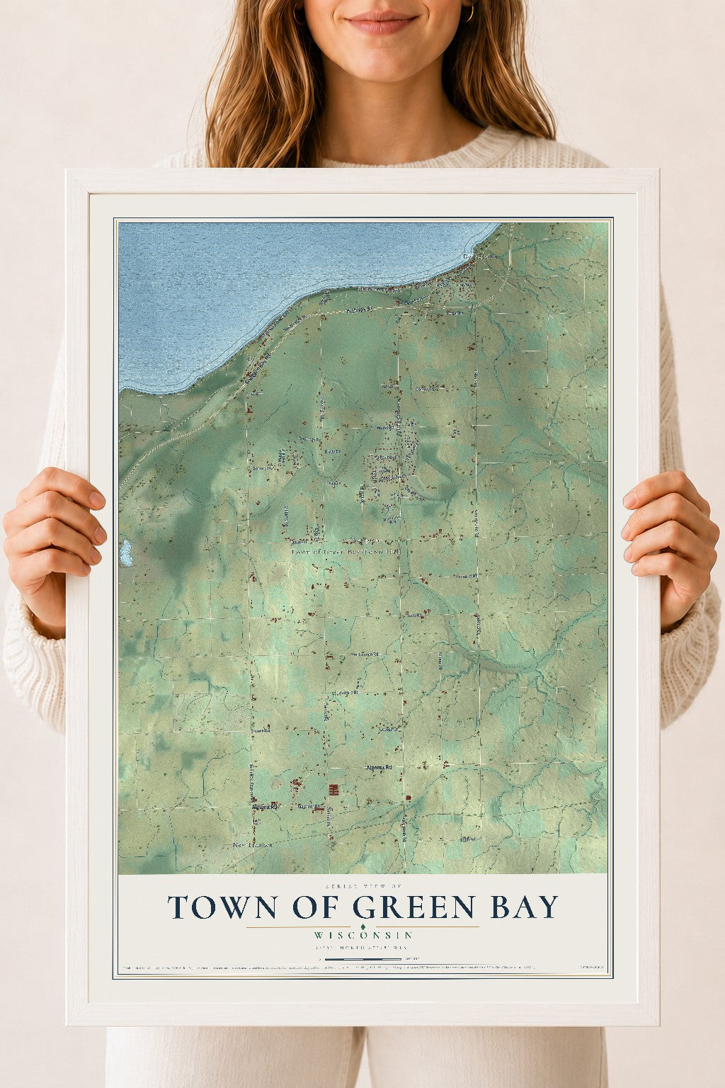 Map of the Town of Green Bay, Wisconsin, 18 x 24 inch print in a white wood frame