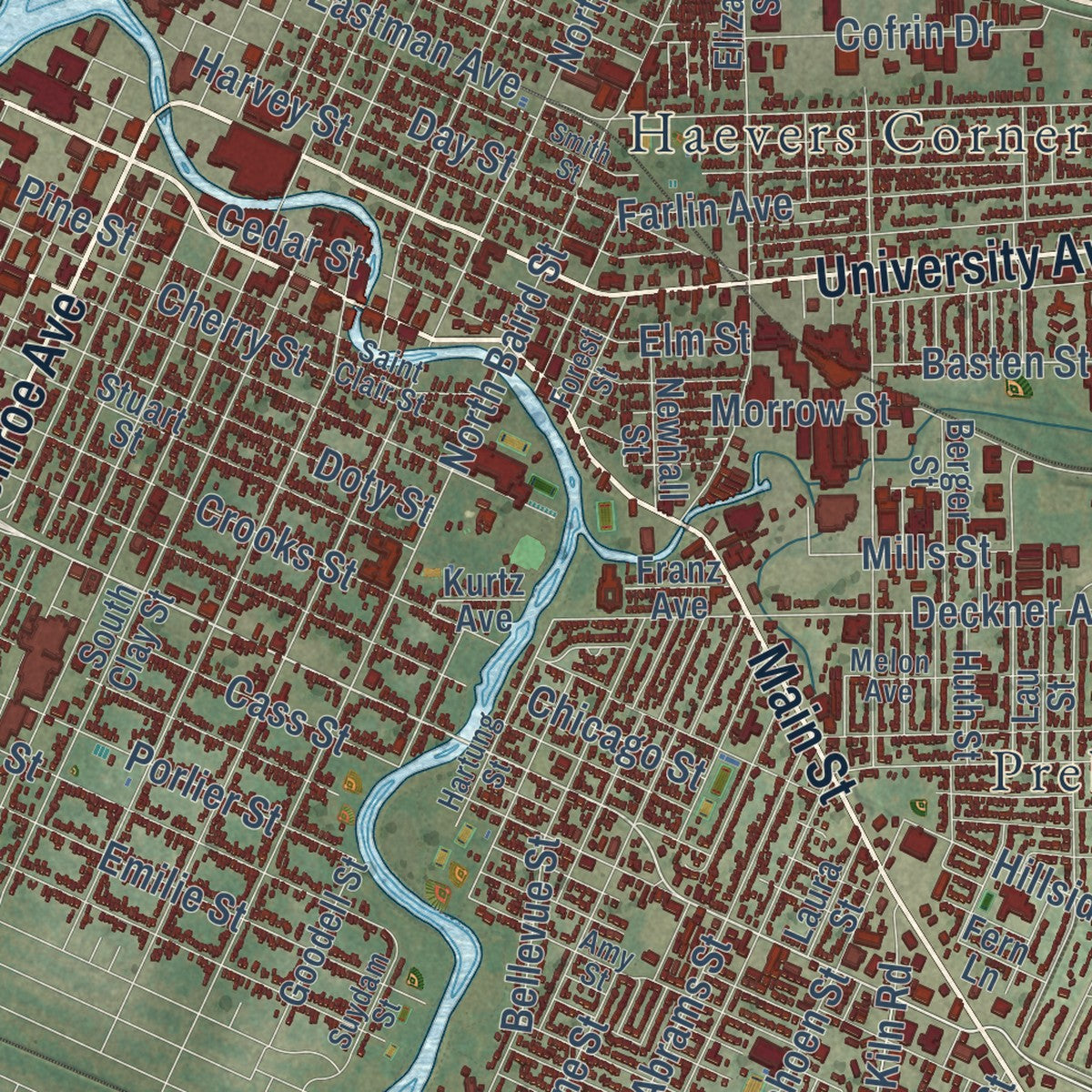 Close-up of the map of Green Bay, Wisconsin print showing street and building detail