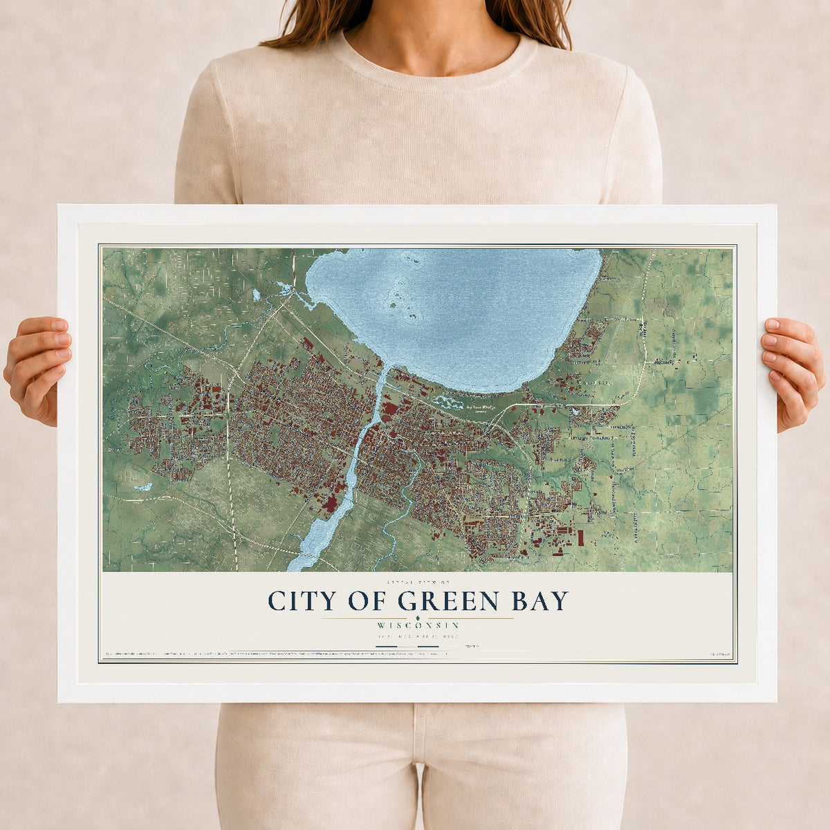 Map of Green Bay, Wisconsin, 12 x 18 inch print in a white wood frame