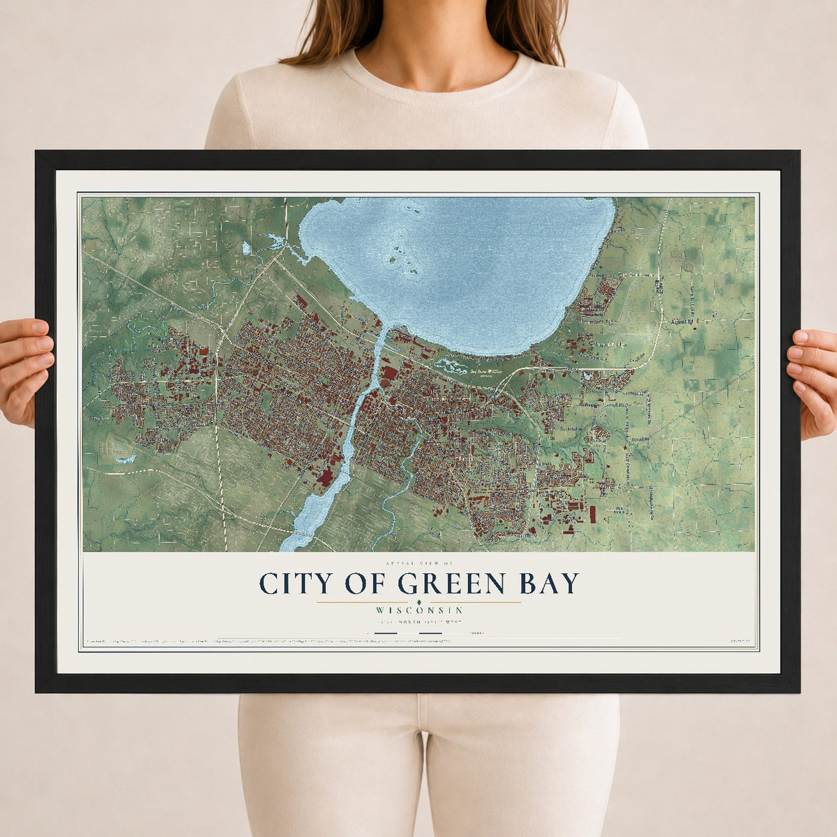 Map of Green Bay, Wisconsin, 18 x 24 inch print in a black wood frame