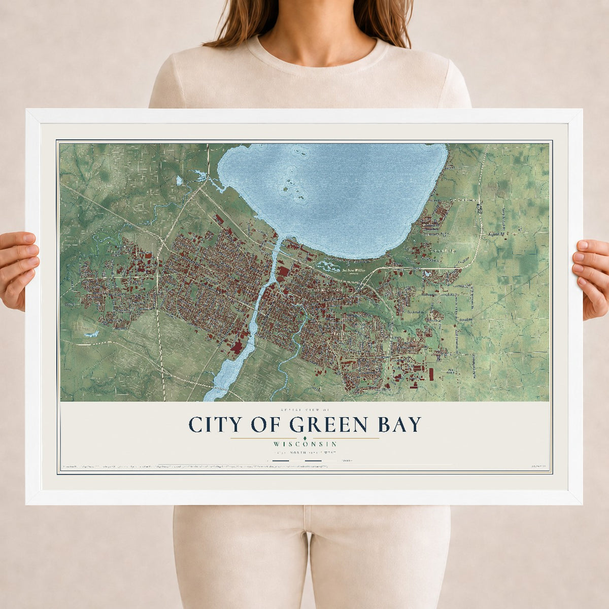 Map of Green Bay, Wisconsin, 18 x 24 inch print in a white wood frame