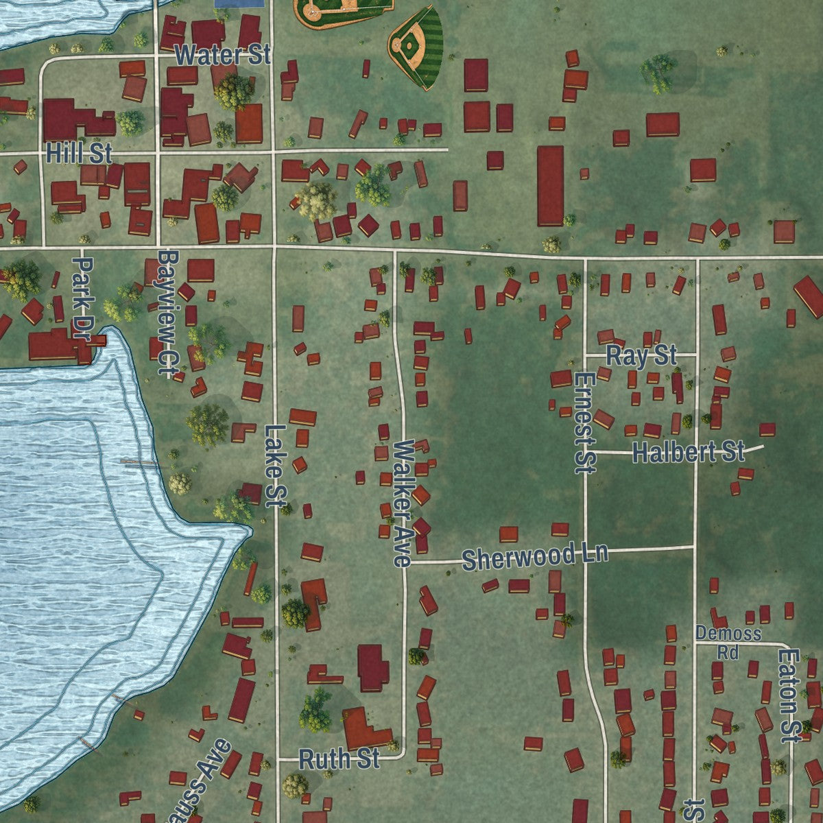 Close-up of the map of Green Lake, Wisconsin print showing street and building detail