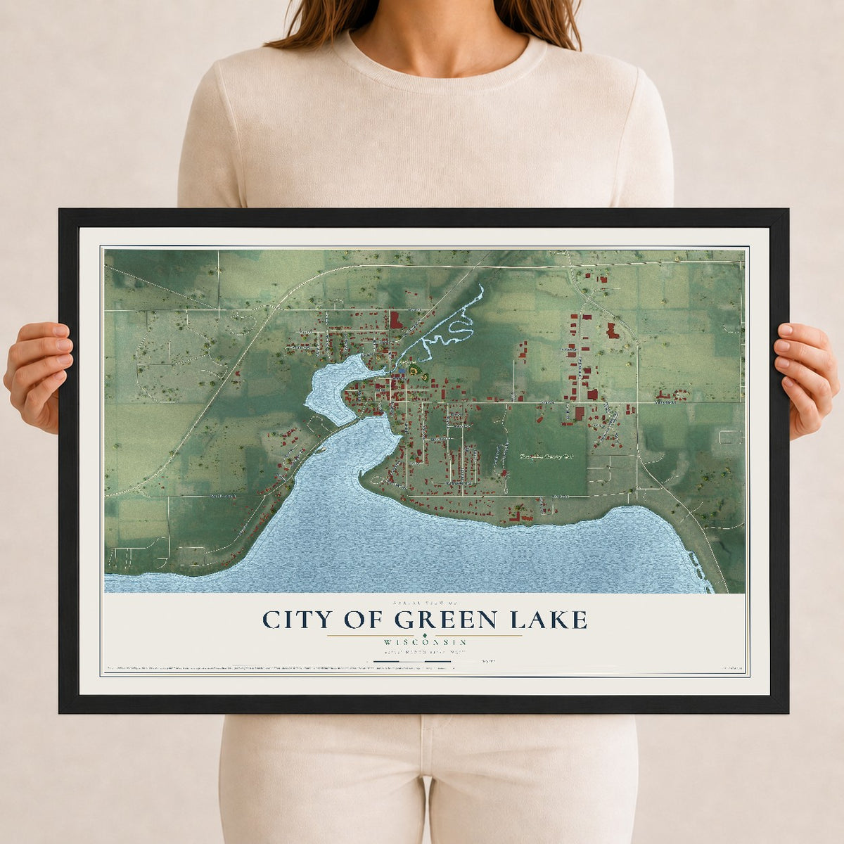 Map of Green Lake, Wisconsin, 12 x 18 inch print in a black wood frame