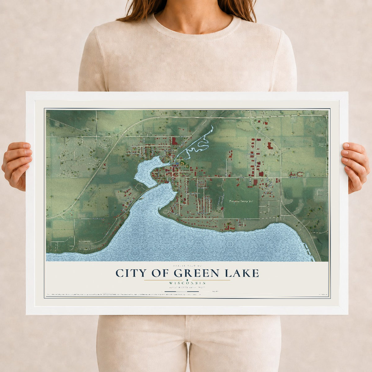Map of Green Lake, Wisconsin, 12 x 18 inch print in a white wood frame
