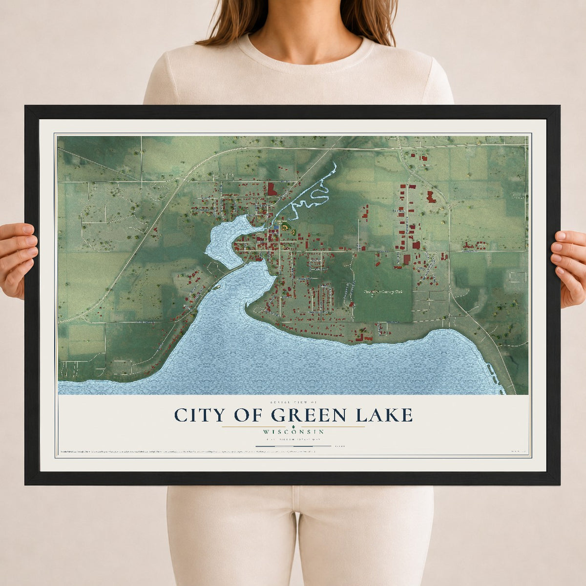 Map of Green Lake, Wisconsin, 18 x 24 inch print in a black wood frame