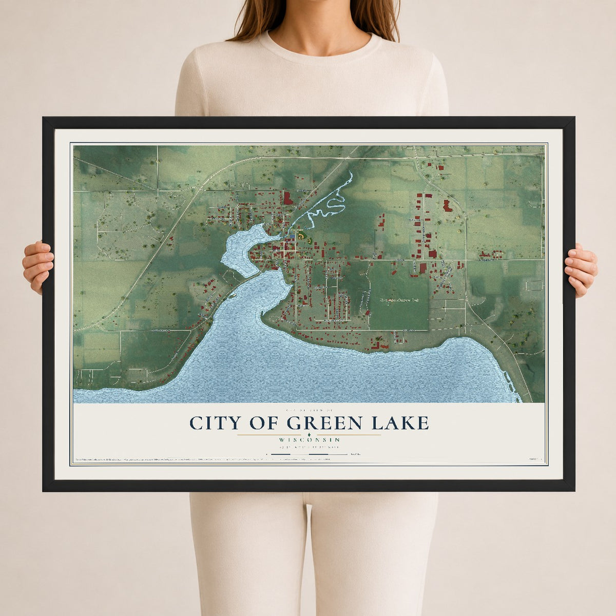 Map of Green Lake, Wisconsin, 24 x 36 inch print in a black wood frame