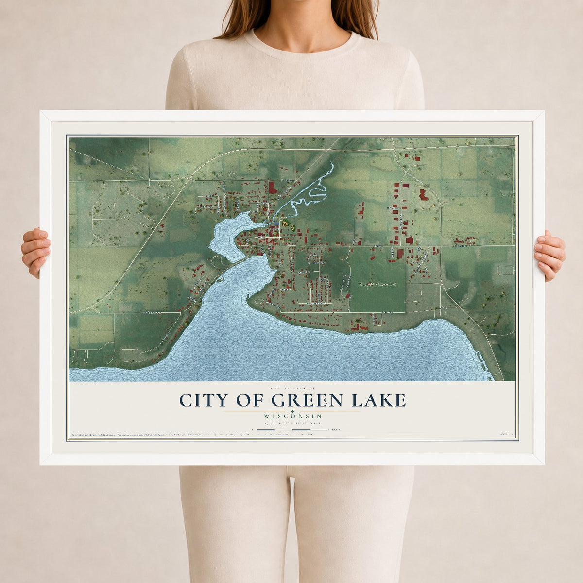 Map of Green Lake, Wisconsin, 24 x 36 inch print in a white wood frame