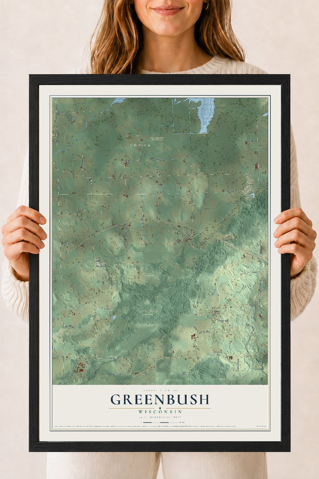 Map of Greenbush, Wisconsin, 18 x 24 inch print in a black wood frame