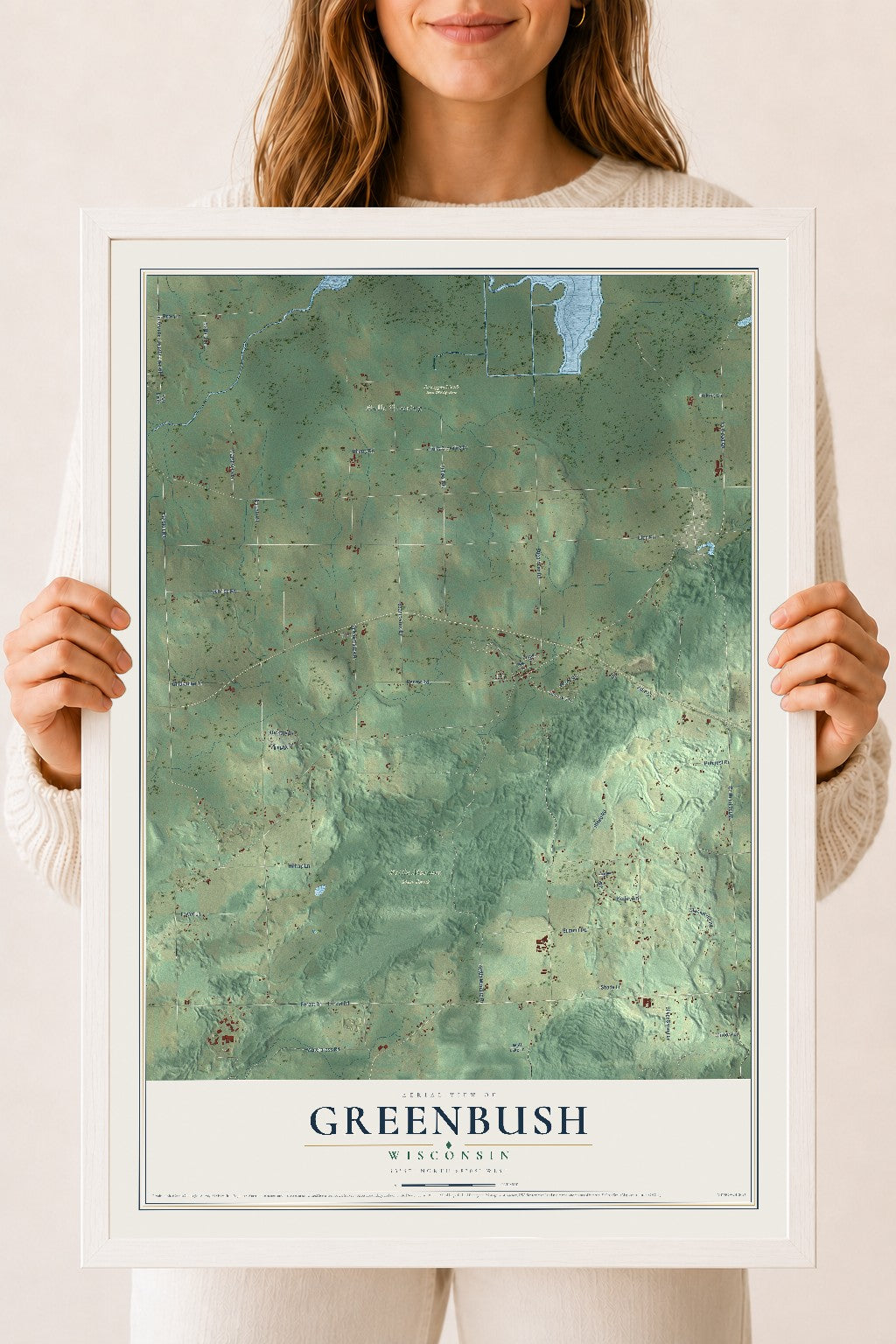 Map of Greenbush, Wisconsin, 18 x 24 inch print in a white wood frame