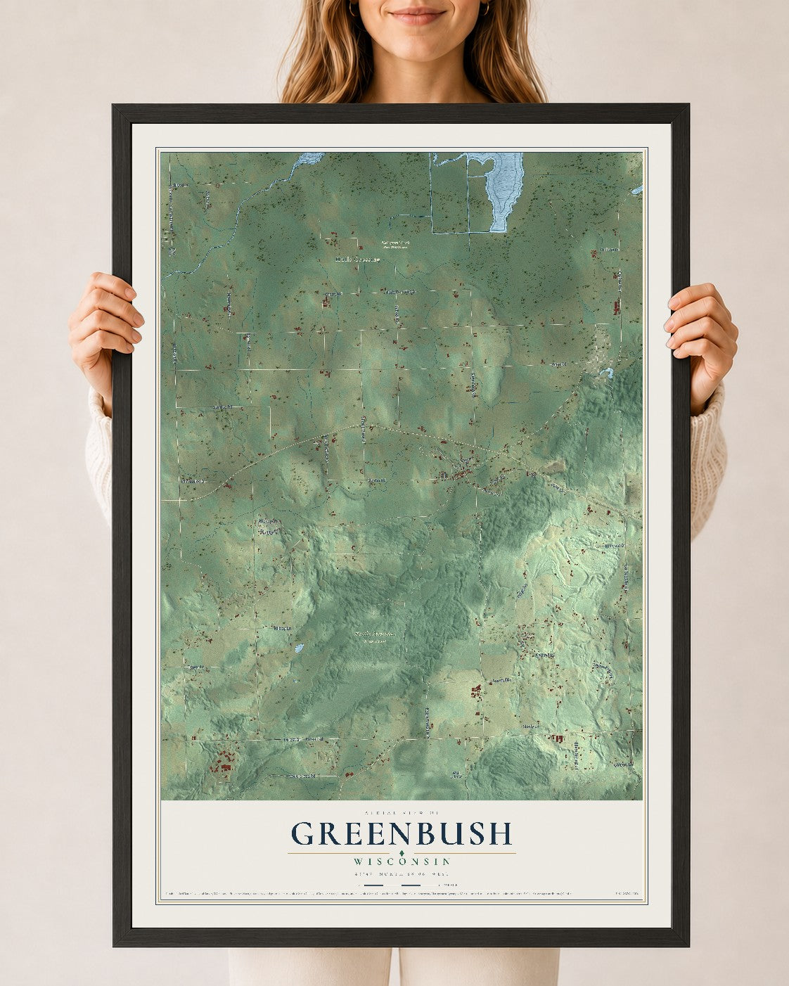 Map of Greenbush, Wisconsin, 24 x 36 inch print in a black wood frame