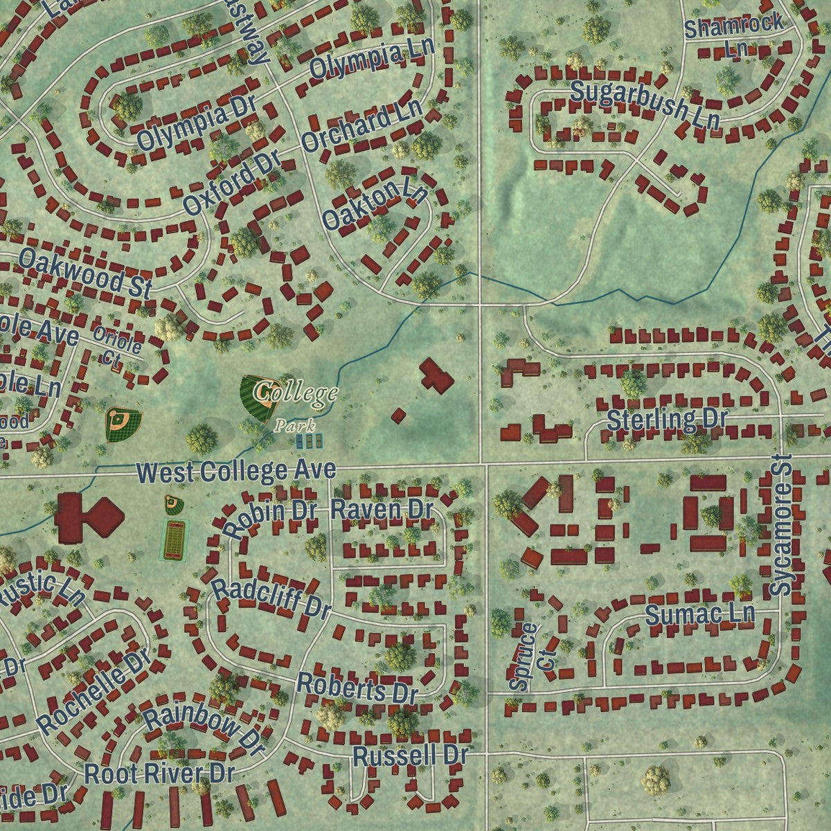 Close-up of the map of Greendale, Wisconsin print showing street and building detail