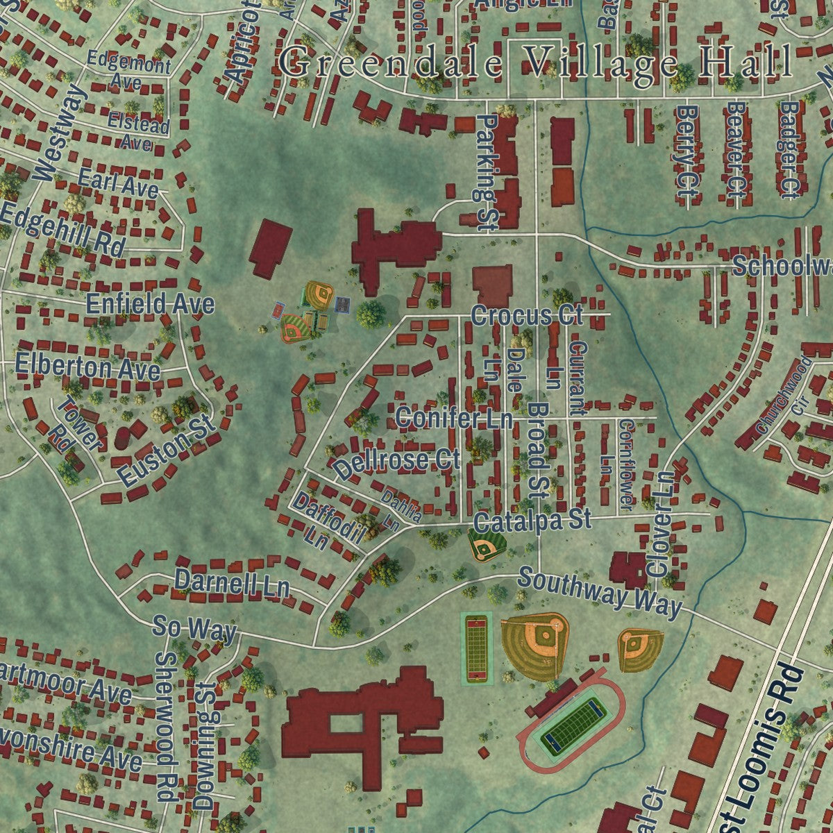 Second close-up of the map of Greendale, Wisconsin print showing more streets and buildings