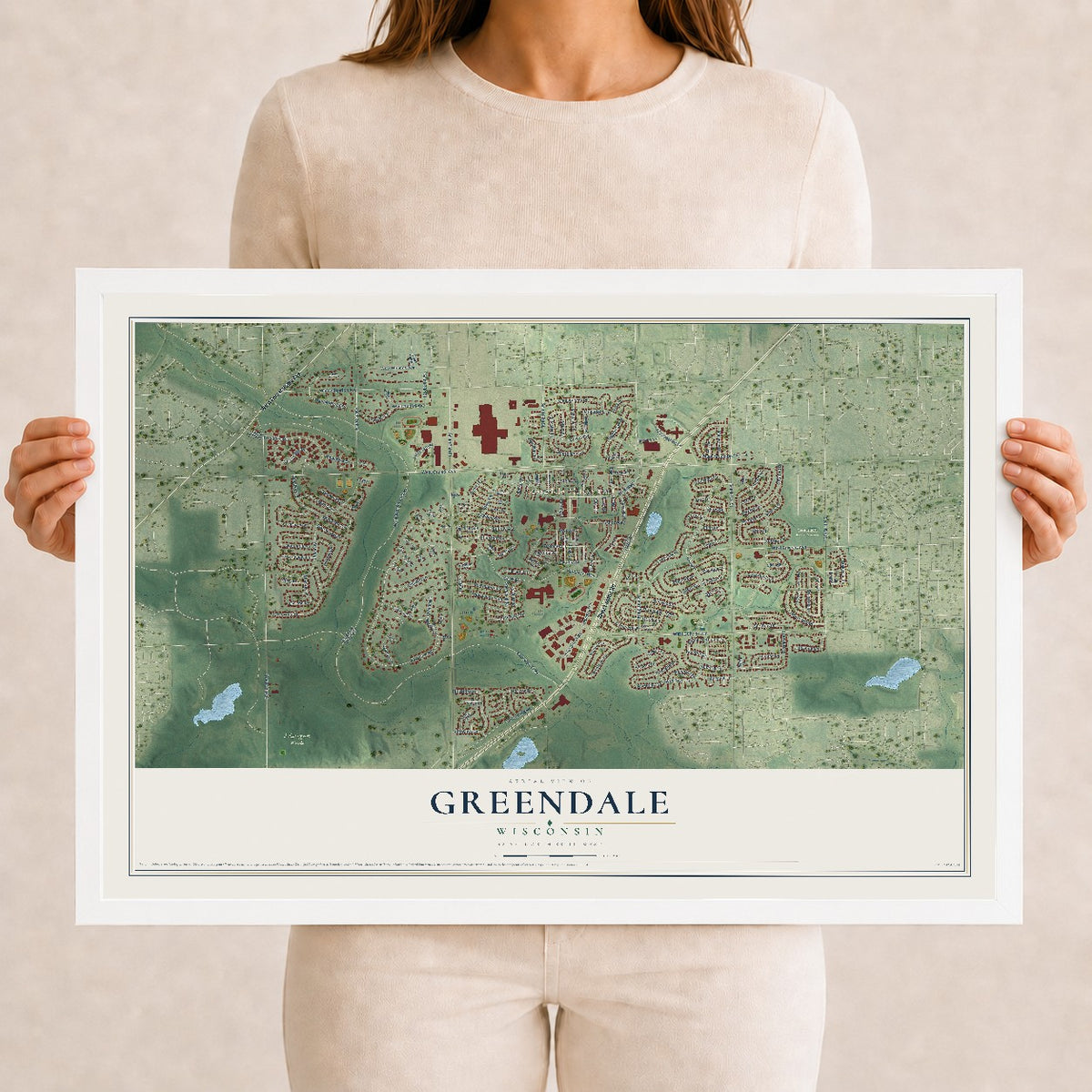 Map of Greendale, Wisconsin, 12 x 18 inch print in a white wood frame