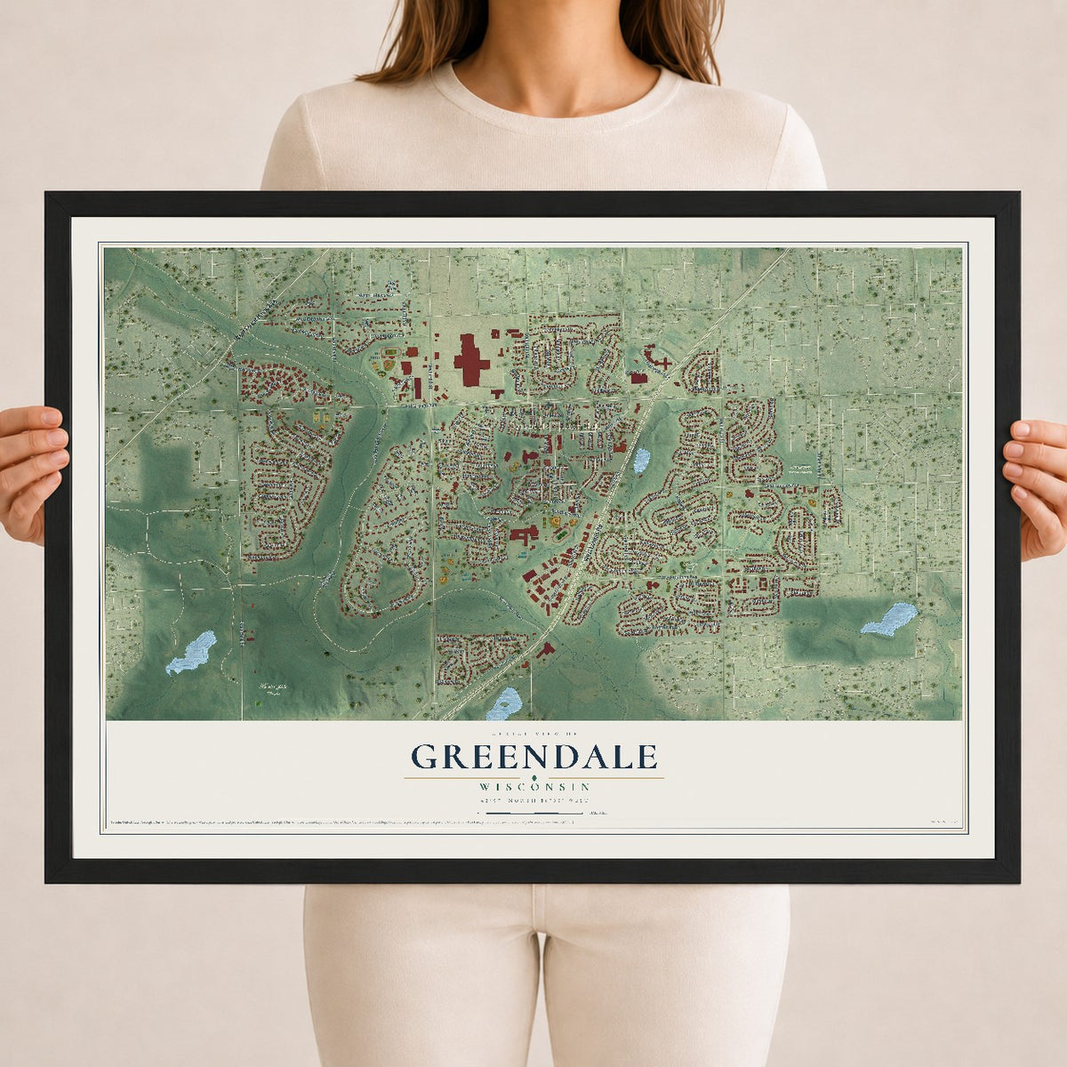 Map of Greendale, Wisconsin, 18 x 24 inch print in a black wood frame